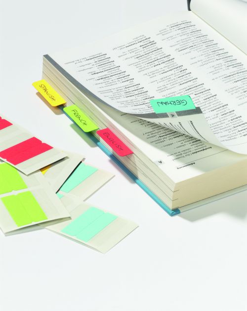 Permanent self adhesive printable tabs for clear subdividing and labelling of card indexes, project files, catalogues and books etc. Can be written on both sides and smudge proof. Pack 24 tabs in assorted colours (red, blue, yellow and green) which have a width of 40mm.