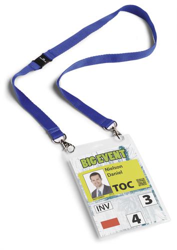 Transparent event name badge in A6 portrait format with textile lanyard. Lanyard is 20mm thick and has a safety release should the lanyard get trapped or caught. Also includes a business card holder integrated. Inserts can be easily replaced or removed via the opening at the top. Size: A6.