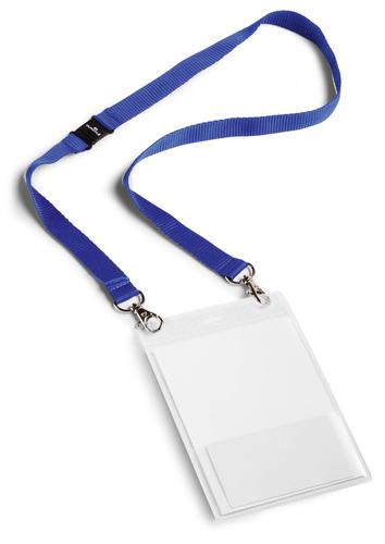 Transparent event name badge in A6 portrait format with textile lanyard. Lanyard is 20mm thick and has a safety release should the lanyard get trapped or caught. Also includes a business card holder integrated. Inserts can be easily replaced or removed via the opening at the top. Size: A6.