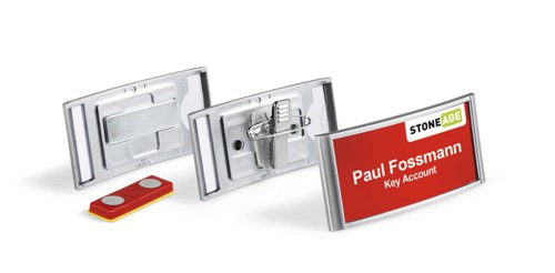 Durable Classic Clip & Pin Name Tag Badge Holders + Inserts - 10 Pack - 30x65mm  854123