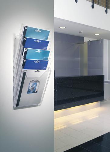 Set of five literature holders for displaying and presenting A4 format information such as brochures, magazines, etc. Includes five trays, two brackets and one front plate. Extendable with COMBIBOXX A4 EXTENSION (product 8579). Dimensions: Stand 288 x 242 x 259 mm (H x W x D) / Wall 580 x 242 x 155 mm (H x W x D).