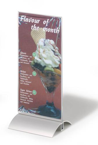 Elegant table sign for displaying information, menus, flyers etc. Suitable for a variety of applications. The Stand has a transparent acrylic panel and a high quality aluminium base that ensures stability. Information sheets are simple to insert and replace and a unique retention System in the base holds the acrylic panel reliably in place. The sign can be read from both sides, so it helps to save space. Size: 1/3 of A4.
