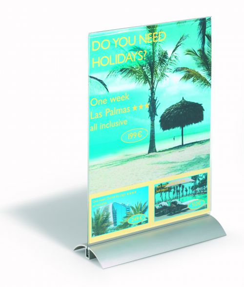 Durable Presenter Sign and Literature Holder Desktop Acrylic with Metal Base A4 Clear Ref 858919