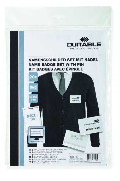 Durable Name Badge Set with Pin 40 x 60 mm Pack of 20