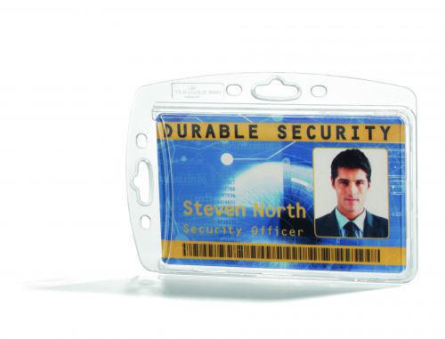 The Durable Proximity Card Holder is a name plate hard box for securing ID cards measuring 54x85mm. Suitable for either portrait or landscape formats, the hard box is crystal clear for optimal readability and easy scanning of barcodes. Integrated thumb slot allows for easy removal of passes. Designed to protect the magnetic strip on the card, the card holder can be used with a combination with chains, reels and lanyards.