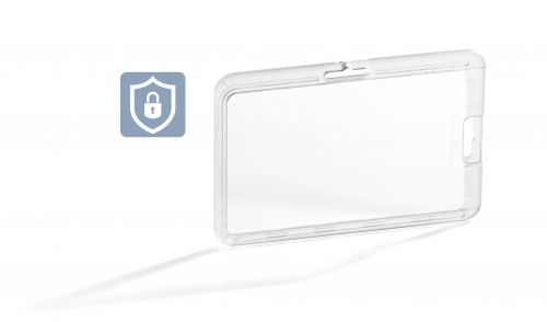Transparent card holder for permanently enclosing a badge. Perfect for areas with high security requirements such as airports and banks. Made of shock proof polycarbonate, the card holder securely holds badge in place thanks to latching mechanism. Easy to handle thanks to thin design. Can be used in either portrait or landscape format and can be combined with a range of durable lanyards, badge reels, etc.