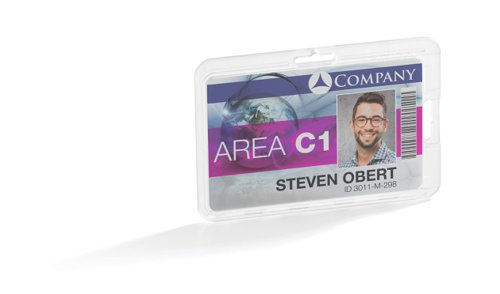 Transparent card holder for permanently enclosing a badge. Perfect for areas with high security requirements such as airports and banks. Made of shock proof polycarbonate, the card holder securely holds badge in place thanks to latching mechanism. Easy to handle thanks to thin design. Can be used in either portrait or landscape format and can be combined with a range of durable lanyards, badge reels, etc.