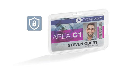 Transparent card holder for permanently enclosing a badge. Perfect for areas with high security requirements such as airports and banks. Made of shock proof polycarbonate, the card holder securely holds badge in place thanks to latching mechanism. Easy to handle thanks to thin design. Can be used in either portrait or landscape format and can be combined with a range of durable lanyards, badge reels, etc.