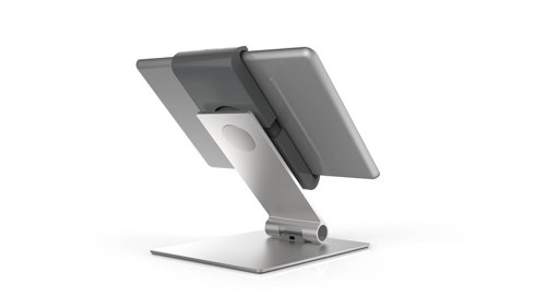 10447DR | A modern and stylish table top tablet holder in silver which is perfect for any environment. The tablet holder securely holds tablets from 7in to 13in and includes an anti-theft system to prevent unauthorised removal of the tablet. The clamp securely holds the tablet in place and is rotatable 360° for use in both portrait and landscape format. The tablet holder has a tilt angle range of 0° to 88° for complete flexibility. Perfect for use in hotels, exhibitions, trade fairs, restaurants, at home, offices, etc.Dimensions: 155 x 242 x 183mm (W x H x D).Made in Germany.