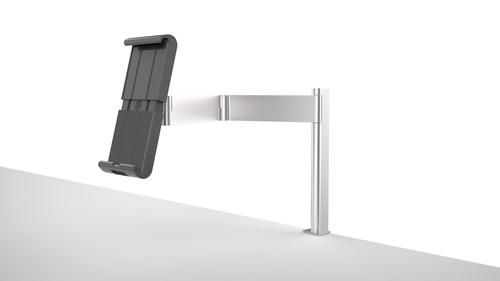 A modern and stylish table clamp tablet holder in silver which is perfect for any environment. The tablet holder securely holds tablets from 7in to 13in and includes an anti-theft system to prevent unauthorised removal of the tablet. The clamp securely holds the tablet in place and is rotatable 360° for use in both portrait and landscape format. The tablet holder has a tilt angle range of -6° to +46° for complete flexibility. The arm has a radius of 365mm and a swivel range of 180°. Perfect for use in hotels, exhibitions, trade fairs, restaurants, at home, offices, etc. Dimensions: 155 x 242 x 183mm (W x H x D).