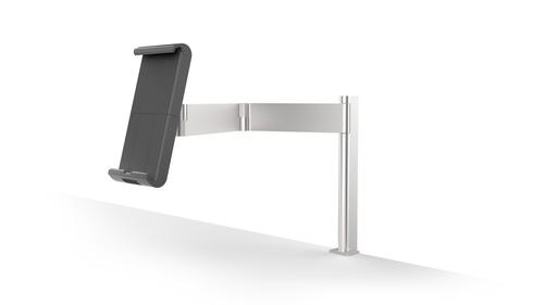 A modern and stylish table clamp tablet holder in silver which is perfect for any environment. The tablet holder securely holds tablets from 7in to 13in and includes an anti-theft system to prevent unauthorised removal of the tablet. The clamp securely holds the tablet in place and is rotatable 360° for use in both portrait and landscape format. The tablet holder has a tilt angle range of -6° to +46° for complete flexibility. The arm has a radius of 365mm and a swivel range of 180°. Perfect for use in hotels, exhibitions, trade fairs, restaurants, at home, offices, etc. Dimensions: 155 x 242 x 183mm (W x H x D).