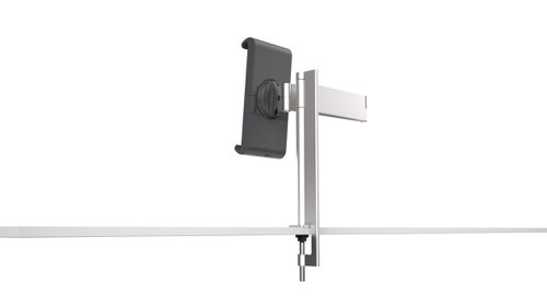 A modern and stylish table clamp tablet holder in Silver which is perfect for any environment. The tablet holder securely holds tablets from 7" to 13" and includes an anti-theft system to prevent unauthorised removal of the tablet. The clamp securely holds the tablet in place and is rotatable 360° for use in both portrait and landscape format.The tablet holder has a tilt angle range of -6° to +46° for complete flexibility. The arm has a radius of 365mm and a swivel range of 180°. Perfect for use in hotels, exhibitions, trade fairs, restaurants, at home, offices, etc. Dimensions: 155 x 242 x 183mm (W x H x D)Made in Germany