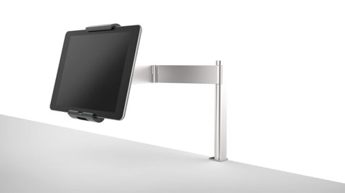 A modern and stylish table clamp tablet holder in Silver which is perfect for any environment. The tablet holder securely holds tablets from 7" to 13" and includes an anti-theft system to prevent unauthorised removal of the tablet. The clamp securely holds the tablet in place and is rotatable 360° for use in both portrait and landscape format.The tablet holder has a tilt angle range of -6° to +46° for complete flexibility. The arm has a radius of 365mm and a swivel range of 180°. Perfect for use in hotels, exhibitions, trade fairs, restaurants, at home, offices, etc. Dimensions: 155 x 242 x 183mm (W x H x D)Made in Germany