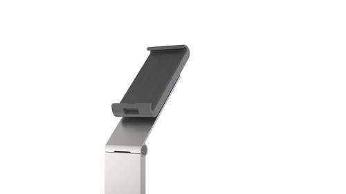 10454DR | A modern and stylish tablet holder in silver which is perfect for any working environment. The tablet holder securely holds tablets from 7in to 13in and includes an anti-theft system to prevent unauthorised removal of the tablet. The clamp securely holds the tablet in place and is rotatable 360° for use in both portrait and landscape format. The clamp can also be tilted 0° to 88° for complete flexibility. The stand is made from sheet steel and aluminium provides stability when using the device. Perfect for use in hotels, exhibitions, trade fairs, restaurants, etc. Dimensions: 270 x 1215 x 270mm (W x H x D).