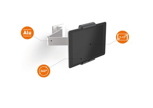 A modern and stylish wall mounted tablet holder in Silver which is perfect for any environment. The tablet holder securely holds tablets from 7" to 13" and includes an anti-theft system to prevent unauthorised removal of the tablet. The clamp securely holds the tablet in place and is rotatable 360° for use in both portrait and landscape format.The tablet holder has a tilt angle range of -6° to +46° for complete flexibility. The wall mounted tablet holder is easy to assemble and securely attaches to walls. Perfect for use in hotels, exhibitions, trade fairs, restaurants, at home, offices, etc.Dimensions: 95 x 225 x 170mm (W x H x D)Made in Germany