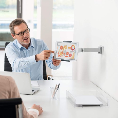 A modern and stylish wall mounted tablet holder in Silver which is perfect for any environment. The tablet holder securely holds tablets from 7" to 13" and includes an anti-theft system to prevent unauthorised removal of the tablet. The clamp securely holds the tablet in place and is rotatable 360° for use in both portrait and landscape format.The tablet holder has a tilt angle range of -6° to +46° for complete flexibility. The wall mounted tablet holder is easy to assemble and securely attaches to walls. Perfect for use in hotels, exhibitions, trade fairs, restaurants, at home, offices, etc.Dimensions: 95 x 225 x 170mm (W x H x D)Made in Germany