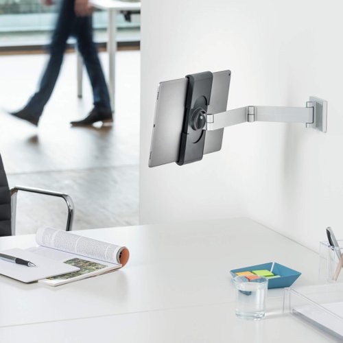 A modern and stylish wall mounted tablet holder in Silver which is perfect for any environment. The tablet holder securely holds tablets from 7" to 13" and includes an anti-theft system to prevent unauthorised removal of the tablet. The clamp securely holds the tablet in place and is rotatable 360° for use in both portrait and landscape format.The tablet holder has a tilt angle range of -6° to +46° for complete flexibility. The wall mounted tablet holder is easy to assemble and securely attaches to walls. Perfect for use in hotels, exhibitions, trade fairs, restaurants, at home, offices, etc.Dimensions: 95 x 225 x 170mm (W x H x D)Made in Germany