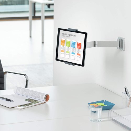 A modern and stylish wall mounted tablet holder in Silver which is perfect for any environment. The tablet holder securely holds tablets from 7" to 13" and includes an anti-theft system to prevent unauthorised removal of the tablet. The clamp securely holds the tablet in place and is rotatable 360° for use in both portrait and landscape format.The tablet holder has a tilt angle range of -6° to +46° for complete flexibility. The wall mounted tablet holder is easy to assemble and securely attaches to walls. Perfect for use in hotels, exhibitions, trade fairs, restaurants, at home, offices, etc.Dimensions: 95 x 225 x 170mm (W x H x D)Made in Germany