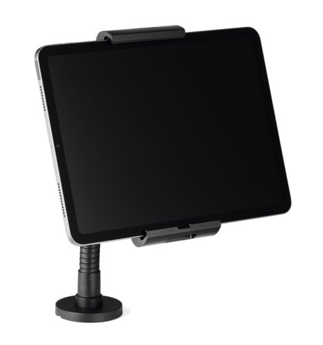 56559DR | The Durable Tablet Holder TOUGH is a versatile and secure solution for mounting tablets in various environments. Designed for both wall and table use it is made from flame-retardant materials for enhanced safety. The holder features a flexible ball joint, swivel arm, and gooseneck, allowing for ergonomic, infinitely adjustable reading angles and 360-degree rotation.Anti-theft protection includes a locking mechanism with a special key and an optional cable lock. With rubberized surfaces to prevent damage and a cable recess for organised power supply, this holder is ideal for public spaces, trade shows, hotels, restaurants, and retail settings.Compatibility: 7-13 inch tabletsDimensions: 28 x 17.2 x 8.2 cmMade in Germany and built to last