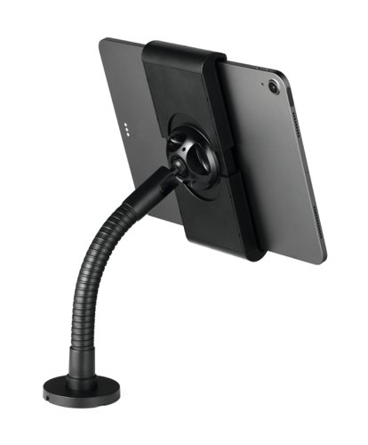 56559DR | The Durable Tablet Holder TOUGH is a versatile and secure solution for mounting tablets in various environments. Designed for both wall and table use it is made from flame-retardant materials for enhanced safety. The holder features a flexible ball joint, swivel arm, and gooseneck, allowing for ergonomic, infinitely adjustable reading angles and 360-degree rotation.Anti-theft protection includes a locking mechanism with a special key and an optional cable lock. With rubberized surfaces to prevent damage and a cable recess for organised power supply, this holder is ideal for public spaces, trade shows, hotels, restaurants, and retail settings.Compatibility: 7-13 inch tabletsDimensions: 28 x 17.2 x 8.2 cmMade in Germany and built to last