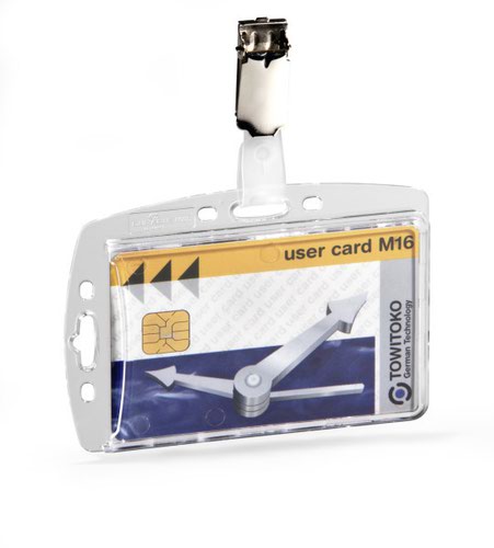 Durable transparent enclosed ID card holder with clip for securely holding 1 ID card or name badge. The integrated thumb slot allows for easy removal of passes. Can be used in either portrait or landscape formats. Thanks to the clip, the ID pass holder can be easily attached to any clothing without causing damage. Size: 54x87mm - Pack of 1.
