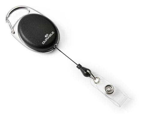 Black badge reel in a stylish oval design with a metal-plated finish and metal clip on the side. Provides quick and easy access to security passes and name badges with a punched hole. Badge reel length: 850mm - Pack of 1.