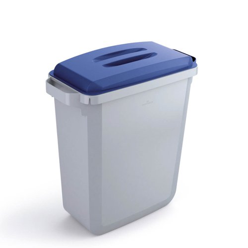 Durable DURABIN Plastic Waste Recycling Bin 60 Litre Rectangular Grey with Blue Lid - VEH2012027
