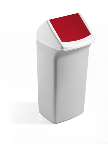 Durable DURABIN Contemporary White Square Recycling Bin + Red Swing Lid - 40L