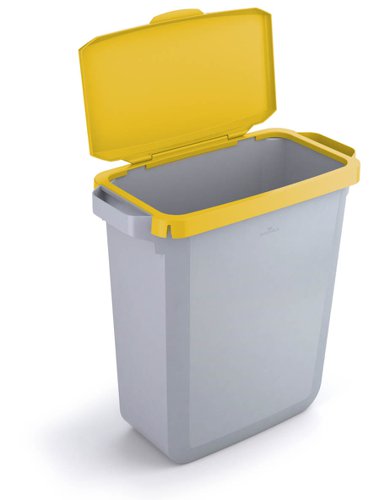 Durable DURABIN Plastic Waste Recycling Bin 60 Litre Rectangular Grey with Yellow Hinged Lid - VEH2022009