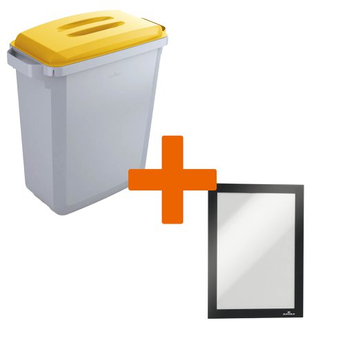 Durable DURABIN Plastic Waste Recycling Bin 60 Litre Grey with Yellow Lid & Black A5 DURAFRAME Self-Adhesive Sign Holder - VEH2023001