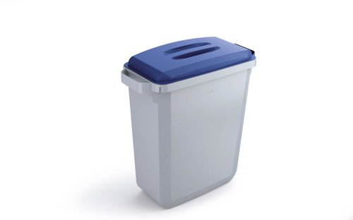 Durable DURABIN Plastic Waste Recycling Bin 60 Litre Grey with Blue Lid & Black A5 DURAFRAME Self-Adhesive Sign Holder - VEH2023002