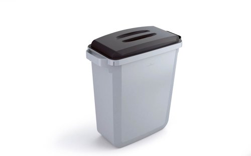 Durable DURABIN Plastic Waste Recycling Bin 60 Litre Grey with Black Lid & Black A5 DURAFRAME Self-Adhesive Sign Holder - VEH2023004