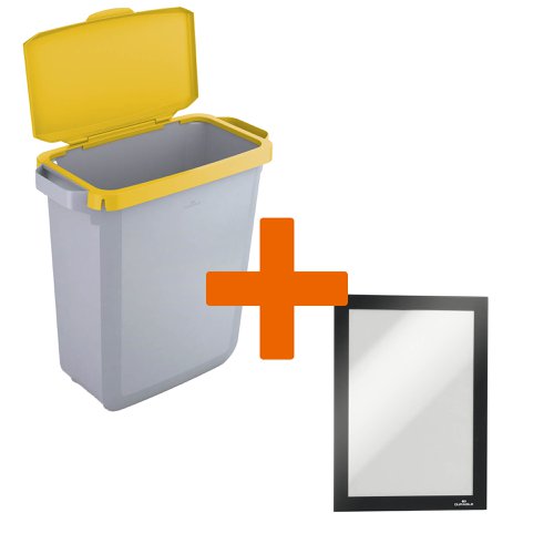 Durable DURABIN Plastic Waste Recycling Bin 60 Litre Grey with Yellow Hinged Lid & Black A5 DURAFRAME Self-Adhesive Sign Holder - VEH2023005