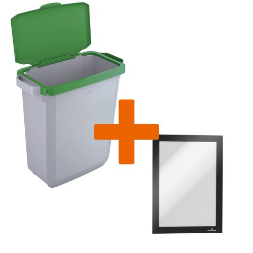 Durable DURABIN Plastic Waste Recycling Bin 60 Litre Grey with Green Hinged Lid & Black A5 DURAFRAME Self-Adhesive Sign Holder - VEH2023006