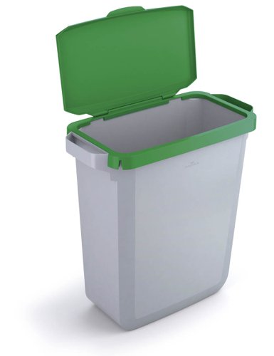 Durable DURABIN Plastic Waste Recycling Bin 60 Litre Grey with Green Hinged Lid & Black A5 DURAFRAME Self-Adhesive Sign Holder - VEH2023006 28419DR Buy online at Office 5Star or contact us Tel 01594 810081 for assistance