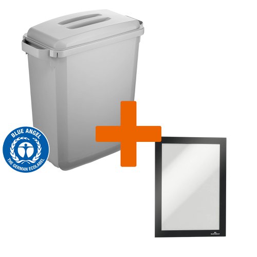 Durable DURABIN ECO 80% Recycled Plastic Waste Recycling Bin 60 Litre Grey with Grey Lid & Black A5 DURAFRAME Self-Adhesive Sign Holder - VEH2023009