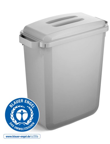 Durable DURABIN ECO 80% Recycled Plastic Recycling Bin 60 Litre Grey with Grey Lid & Black A5 DURAFRAME Self-Adhesive Sign Holder - VEH2023009