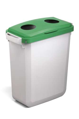 Durable DURABIN Plastic Waste Recycling Bin 60 Litre Rectangular Grey with Green Hinged Lid with Two Circular Holes - VEH2023021