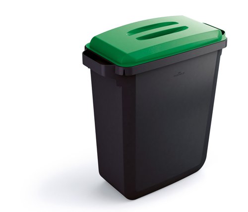 Durable DURABIN ECO 80% Recycled Plastic Waste Recycling Bin 60 Litre Rectangular Black with Green Lid - VEH2023023