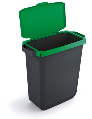 Durable DURABIN ECO 80% Recycled Plastic Waste Recycling Bin 60 Litre Rectangular Black with Green Hinged Lid - VEH2023025