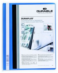 Durable DURAPLUS Presentation Folder Transparent Cover & Inside Pocket for Documents Extra Wide Format A4 Blue (Pack 25) - 257906