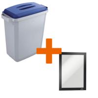 Durable DURABIN Plastic Waste Recycling Bin 60 Litre Grey with Blue Lid & Black A5 DURAFRAME Self-Adhesive Sign Holder - VEH2023002