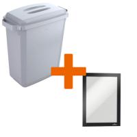 Durable DURABIN Plastic Waste Recycling Bin 60 Litre Grey with Grey Lid & Black A5 DURAFRAME Self-Adhesive Sign Holder - VEH2023003