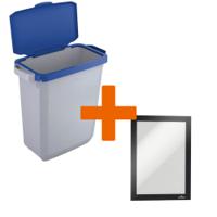 Durable DURABIN Plastic Waste Recycling Bin 60 Litre Grey with Blue Hinged Lid & Black A5 DURAFRAME Self-Adhesive Sign Holder - VEH2023007