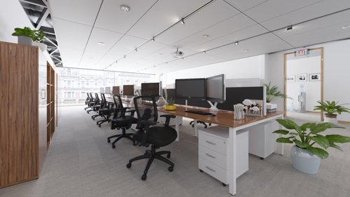 Evolve Plus 1400mm B2B 4 Person Office Bench Desk Walnut Top White Frame