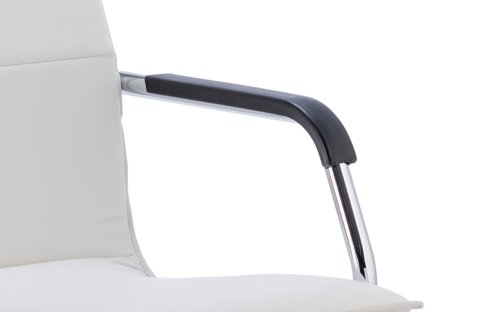 58671DY | Sleek design meeting chair is ideal for boardrooms with its unique all in one soft leather shell, curved chrome frame and padded arms this chair offers a designer look for those on a budget. 