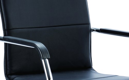 58657DY | Sleek design meeting chair is ideal for boardrooms with its unique all in one soft leather shell, curved chrome frame and padded arms this chair offers a designer look for those on a budget. 