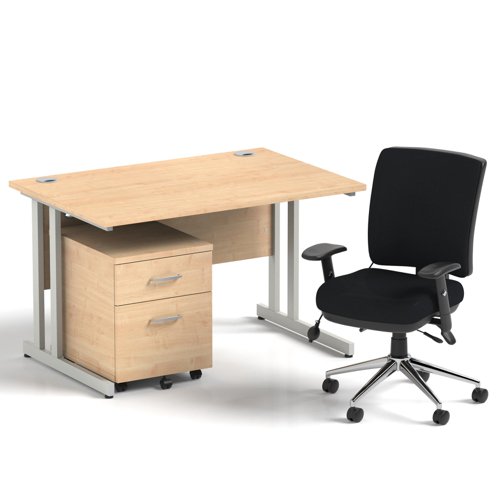 Impulse 1200mm Straight Office Desk Maple Top Silver Cantilever Leg with 2 Drawer Mobile Pedestal and Chiro Medium Back Black