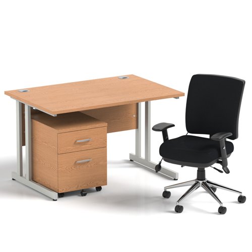 Impulse 1200mm Straight Office Desk Oak Top Silver Cantilever Leg with 2 Drawer Mobile Pedestal and Chiro Medium Back Black