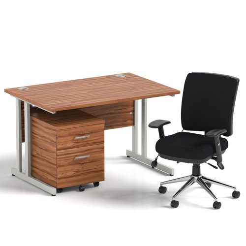 Impulse 1200mm Straight Office Desk Walnut Top Silver Cantilever Leg with 2 Drawer Mobile Pedestal and Chiro Medium Back Black